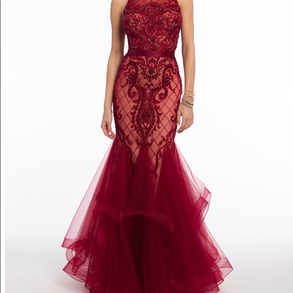 Basketweave Embroidered V Back Godet Dress